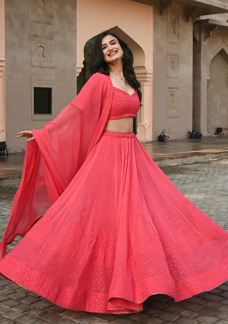Gajari Pink Embroidery Georgette Lehenga Set - Indya