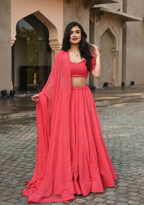 Gajari Pink Embroidery Georgette Lehenga Set