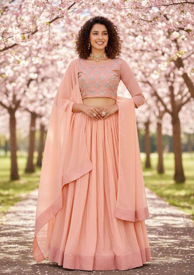 Peach Georgette Lehenga Set with Embroidery for Diwali | Wedding & Festive Wear - Indya