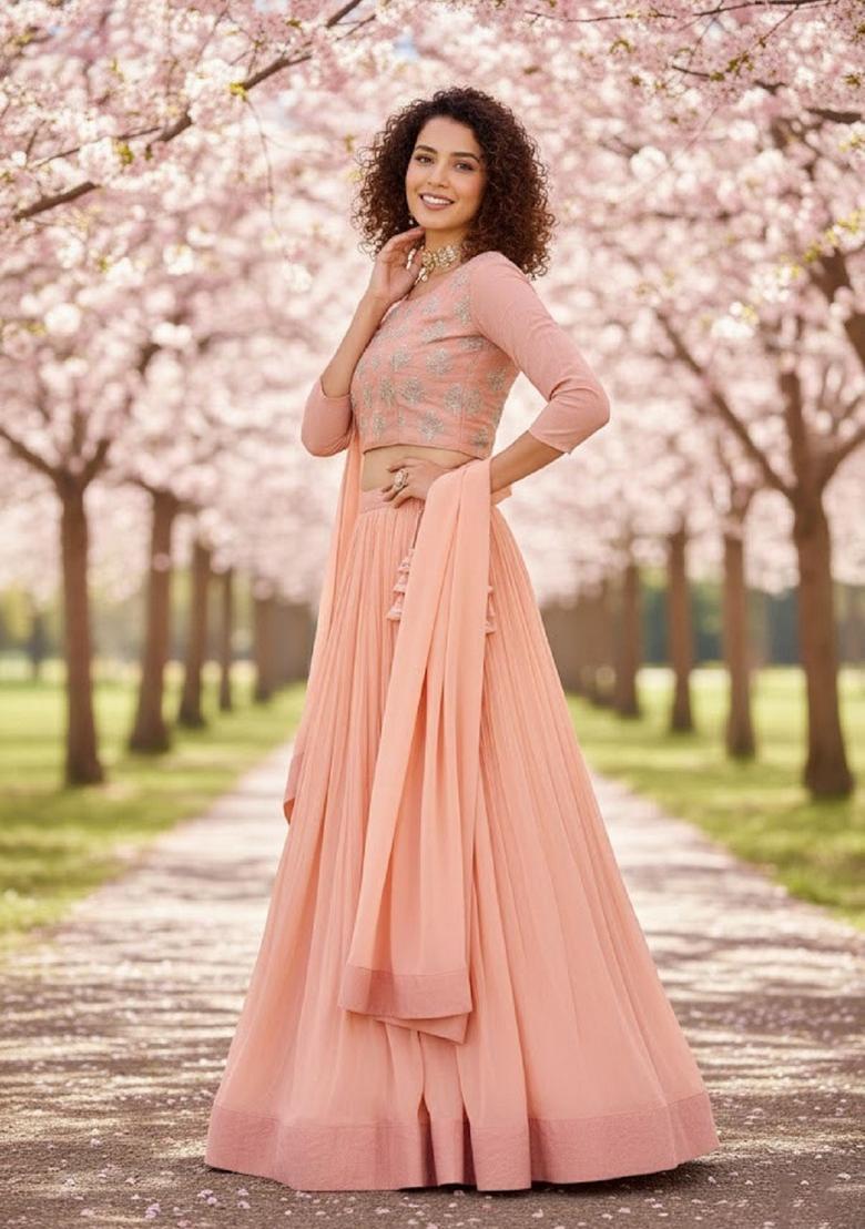 Peach Embroidery Georgette Lehenga Set - Indya