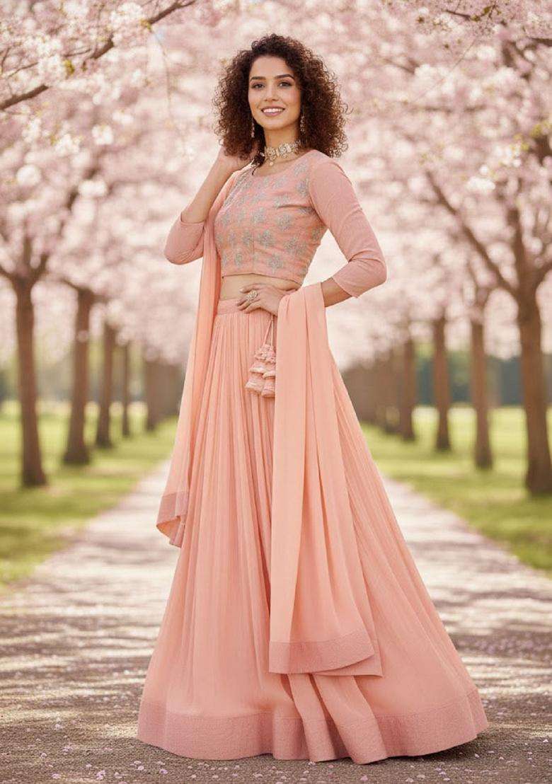 Peach Georgette Lehenga Set with Embroidery for Diwali | Wedding & Festive Wear - Indya