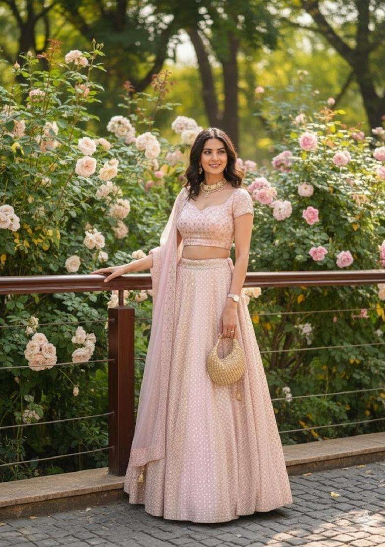 Baby Pink Georgette Lehenga Set with Embroidery for Diwali | Wedding & Festive Wear - Indya