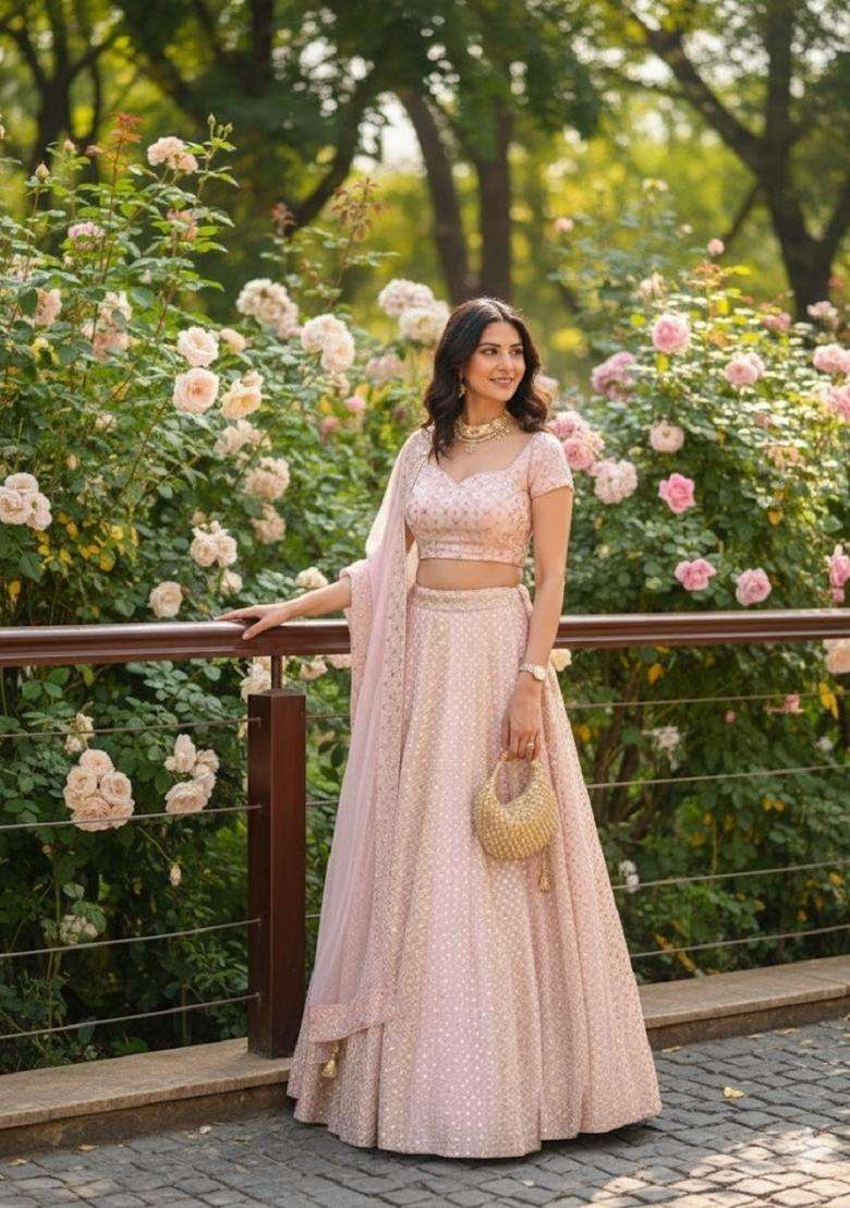 Baby Pink Georgette Lehenga Set with Embroidery for Diwali | Wedding & Festive Wear - Indya