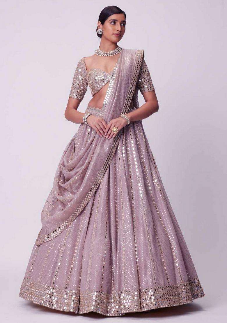 Ash Pink Embroidery Viscose Lehenga Set for Diwali and Festive Wear - Indya
