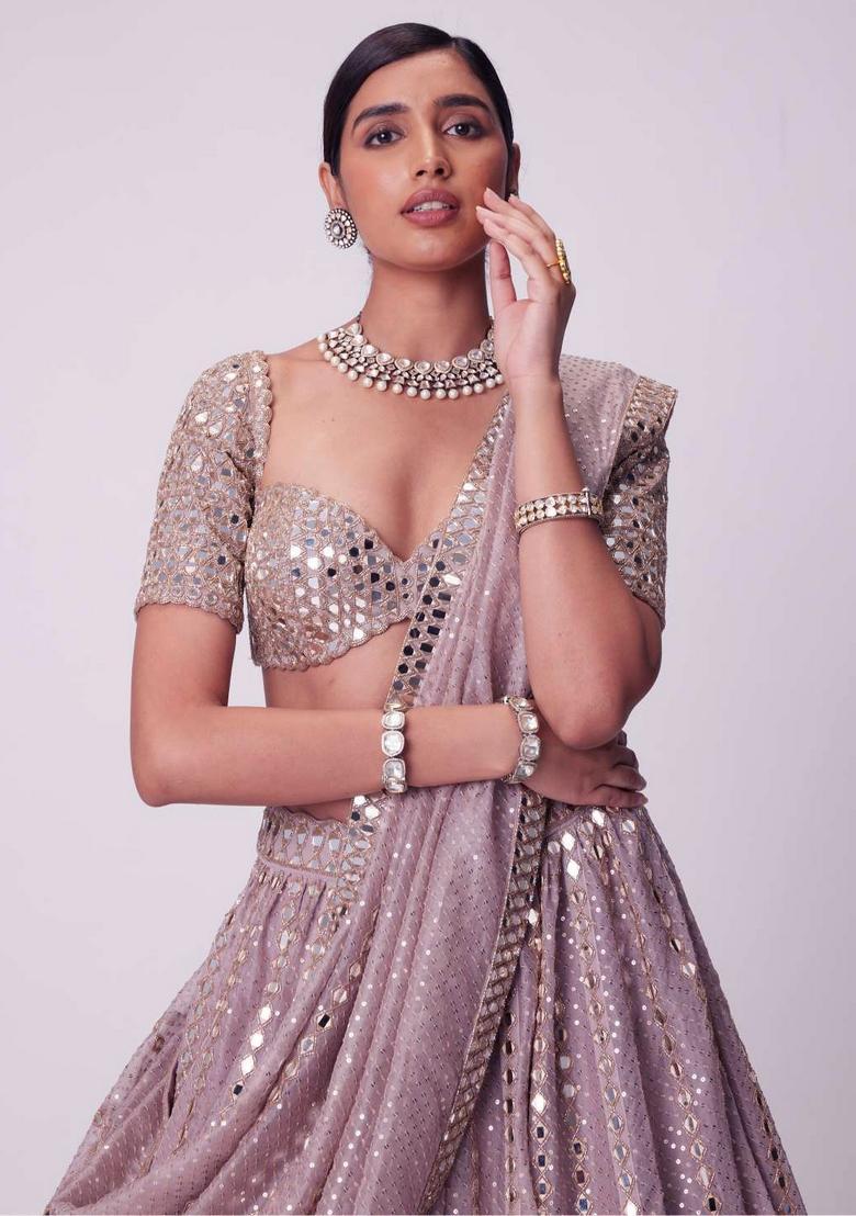 Ash Pink Embroidery Viscose Lehenga Set - Indya