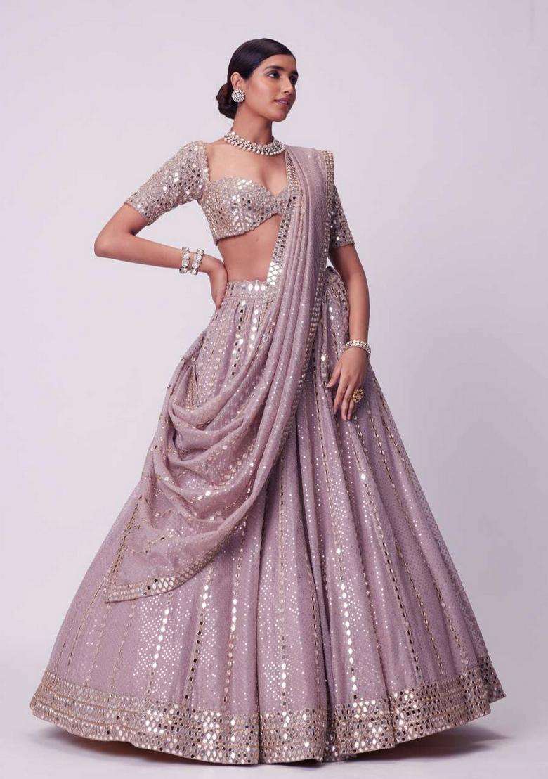 Ash Pink Embroidery Viscose Lehenga Set for Diwali and Festive Wear - Indya