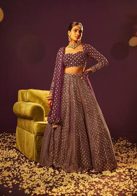 Wine Embroidery Georgette Lehenga Set