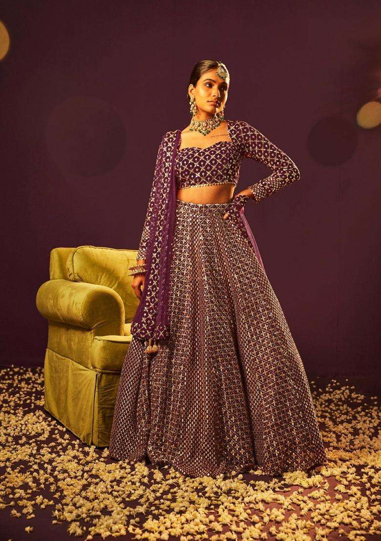 Wine Embroidery Georgette Lehenga Set for Diwali and Festive Wear - Indya
