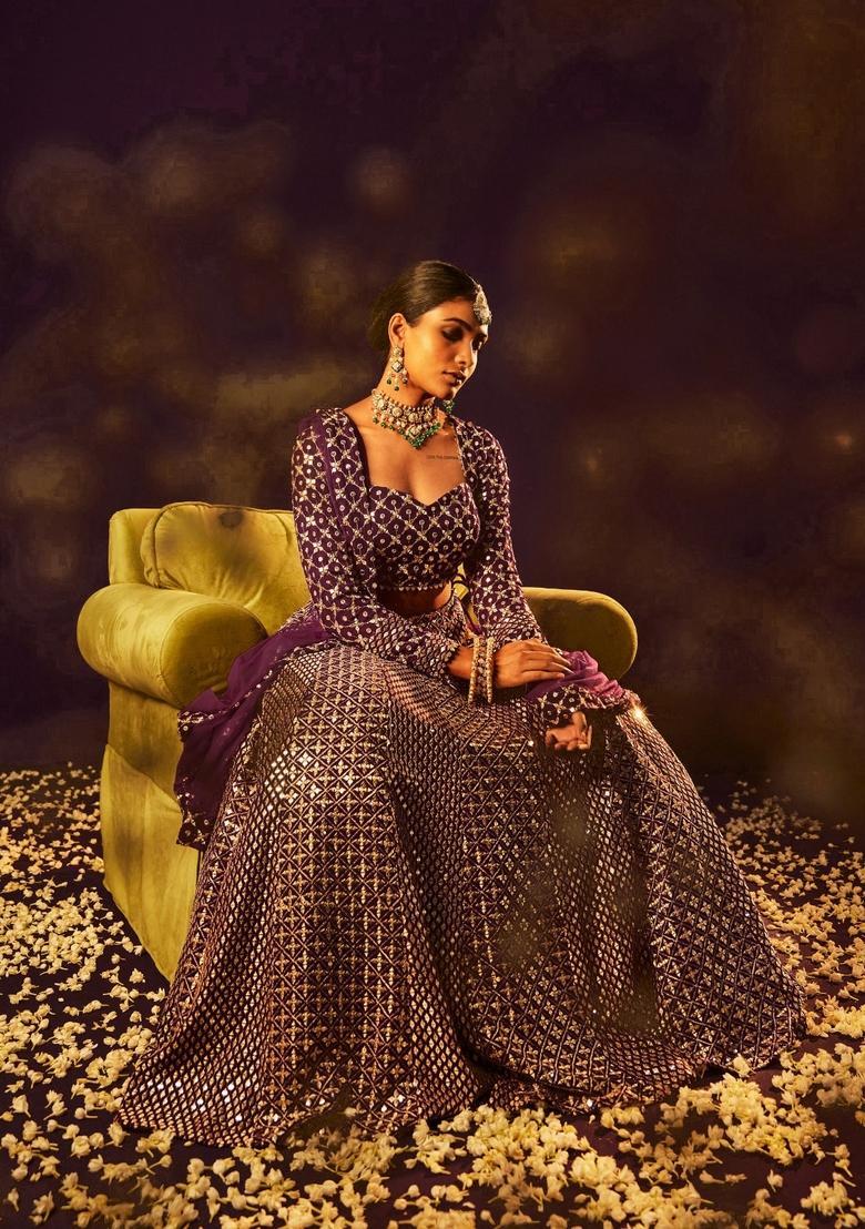 Wine Embroidery Georgette Lehenga Set - Indya
