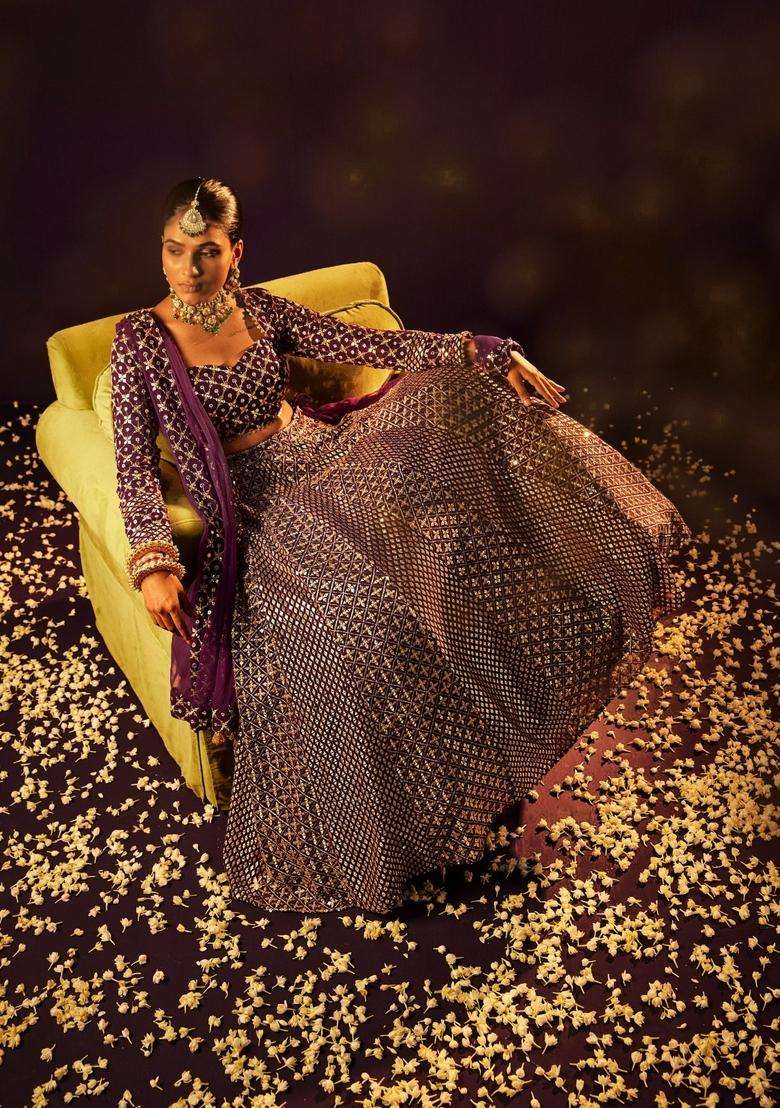 Wine Embroidery Georgette Lehenga Set for Diwali and Festive Wear - Indya