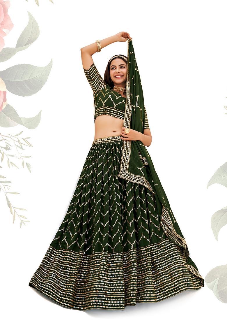 Green Embroidery Georgette Lehenga Set - Indya