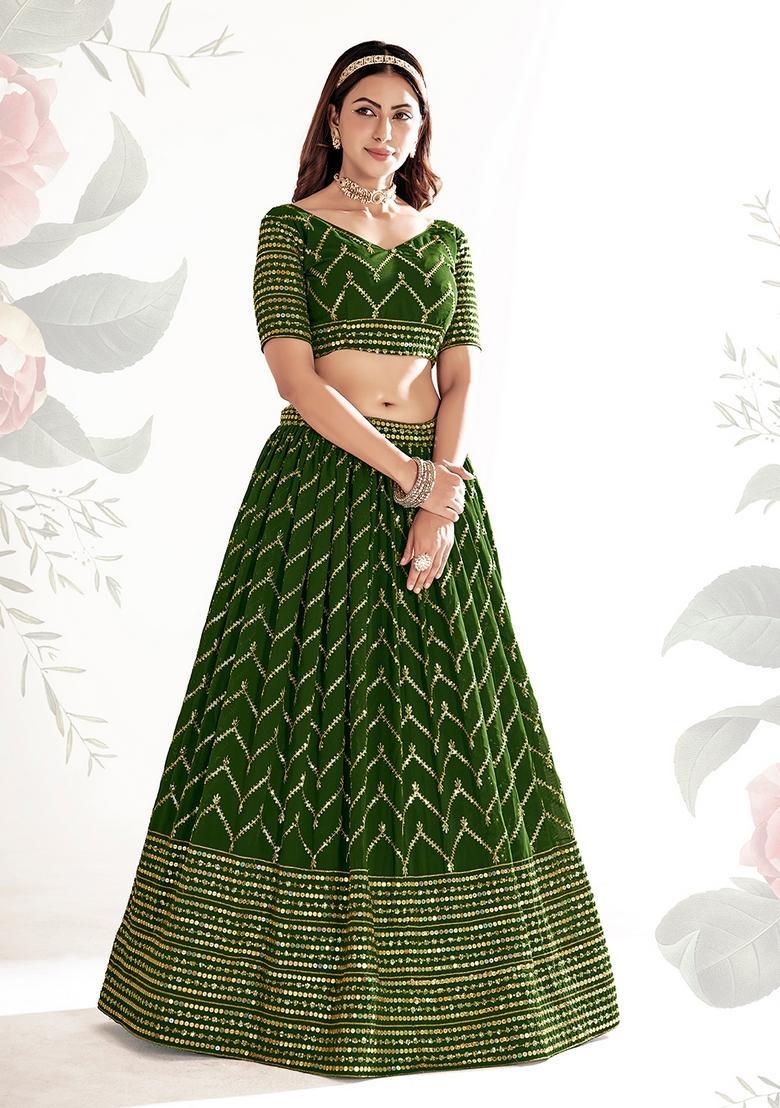 Green Embroidery Georgette Lehenga Set - Indya