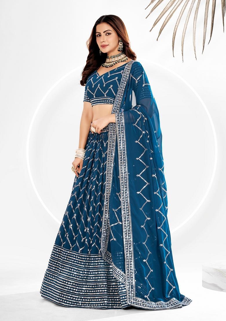 Blue Embroidery Georgette Lehenga Set - Indya