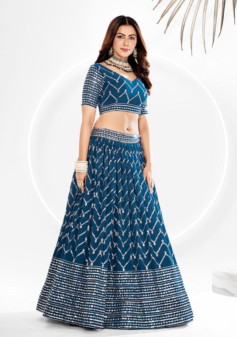 Blue Embroidery Georgette Lehenga Set - Indya