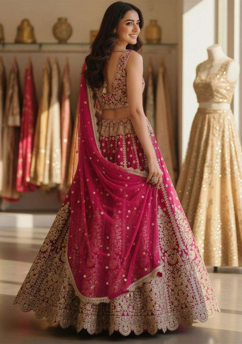 Pink Embroidery Silk Blend Lehenga Set - Indya