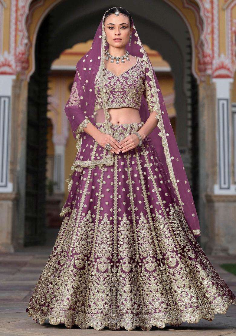 Purple Embroidery Net Lehenga Set - Indya