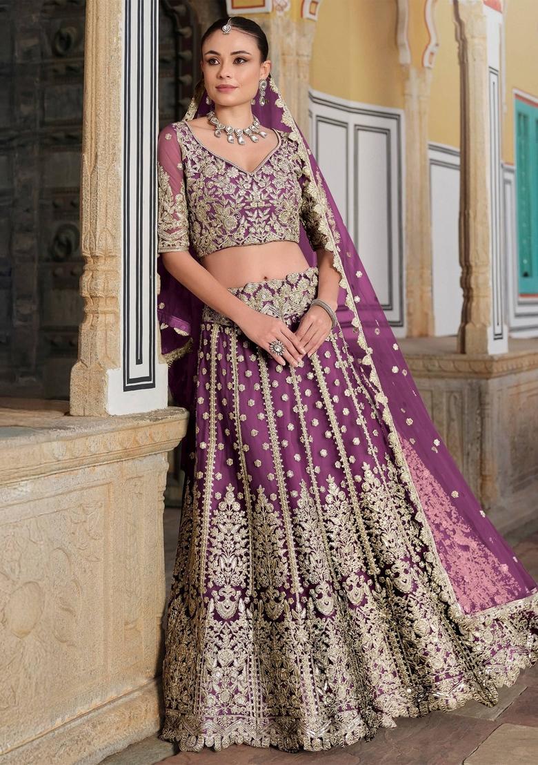 Purple Embroidery Net Lehenga Set - Indya