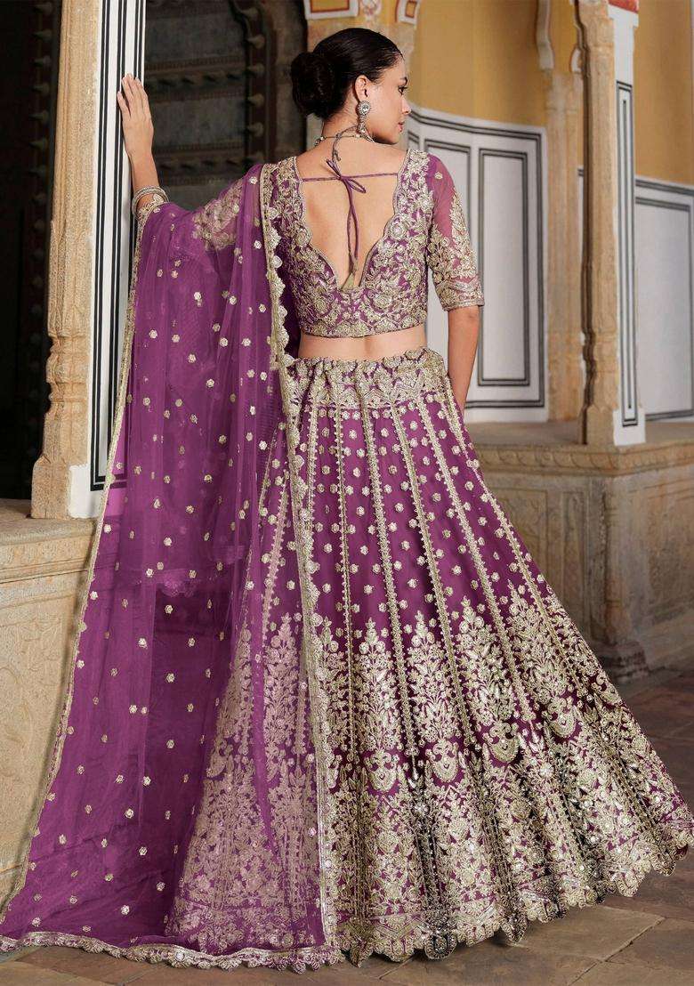 Purple Embroidery Net Lehenga Set - Indya
