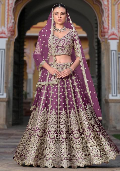 Purple Embroidery Net Lehenga Set