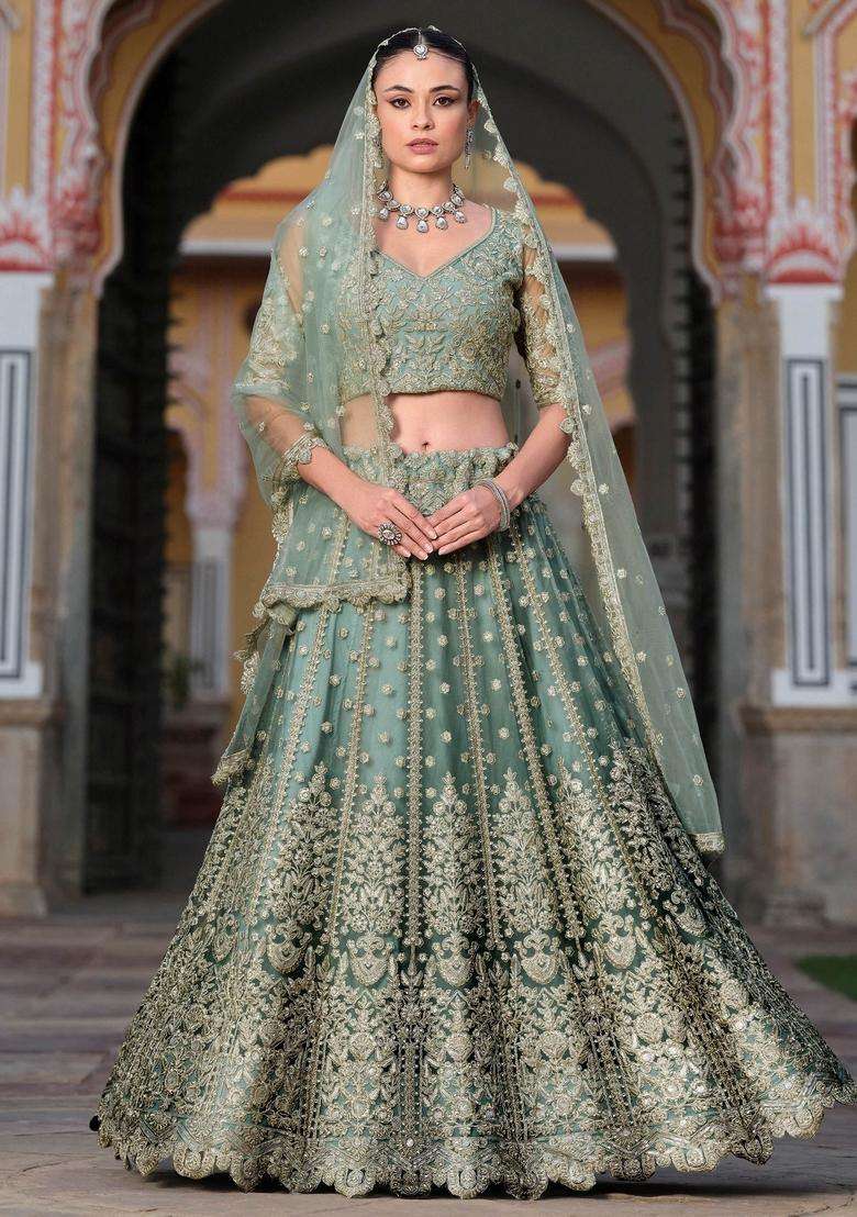 Green Embroidery Net Lehenga Set - Indya