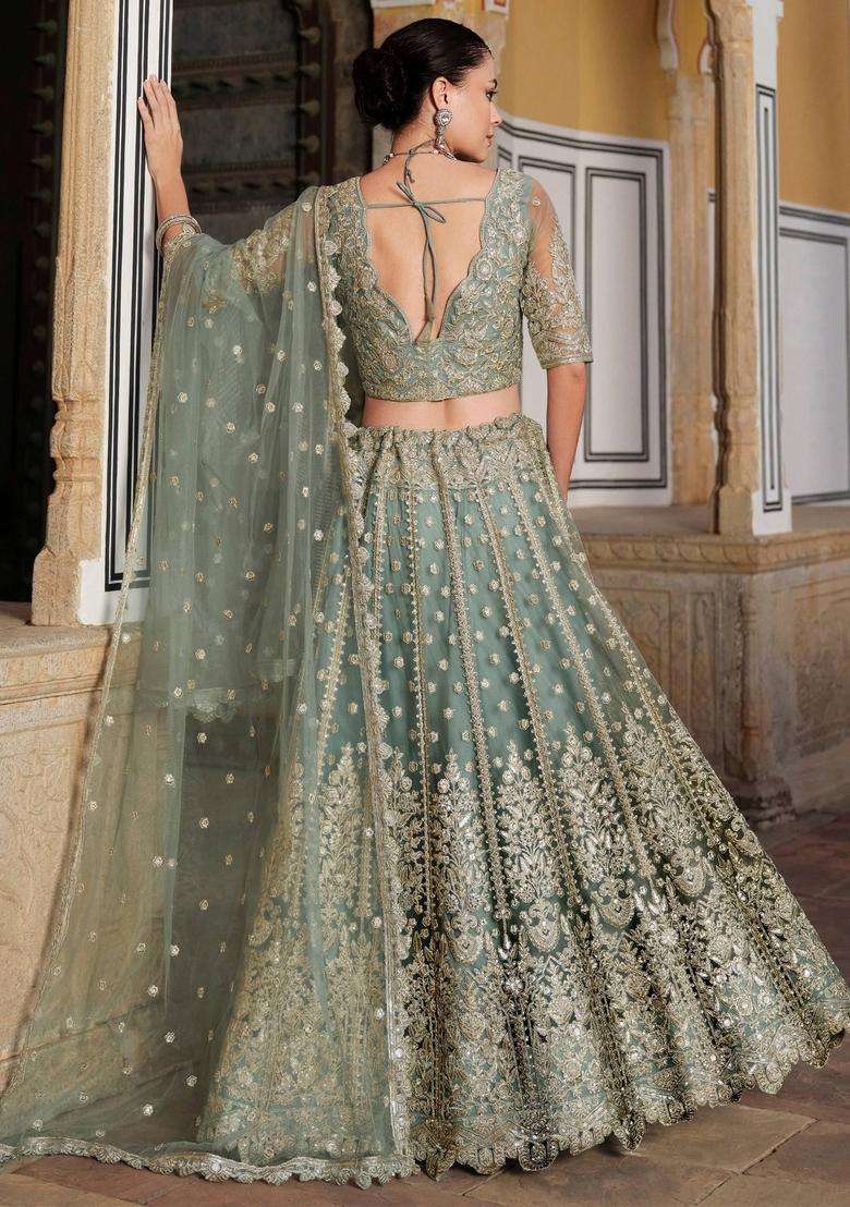 Green Embroidery Net Lehenga Set - Indya