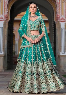 Green Embroidery Net Lehenga Set