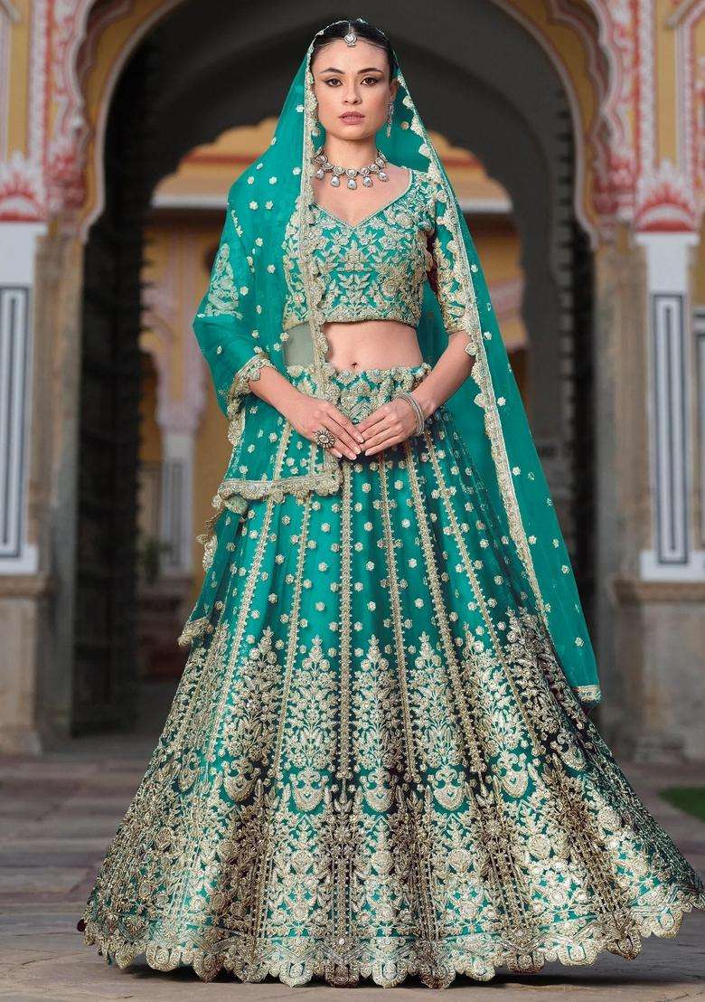 Green Embroidery Net Lehenga Set - Indya