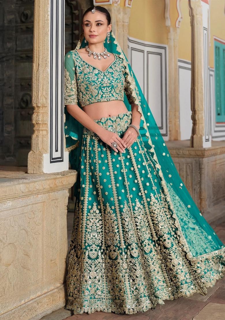 Green Embroidery Net Lehenga Set - Indya