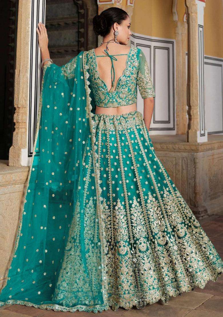 Green Embroidery Net Lehenga Set - Indya
