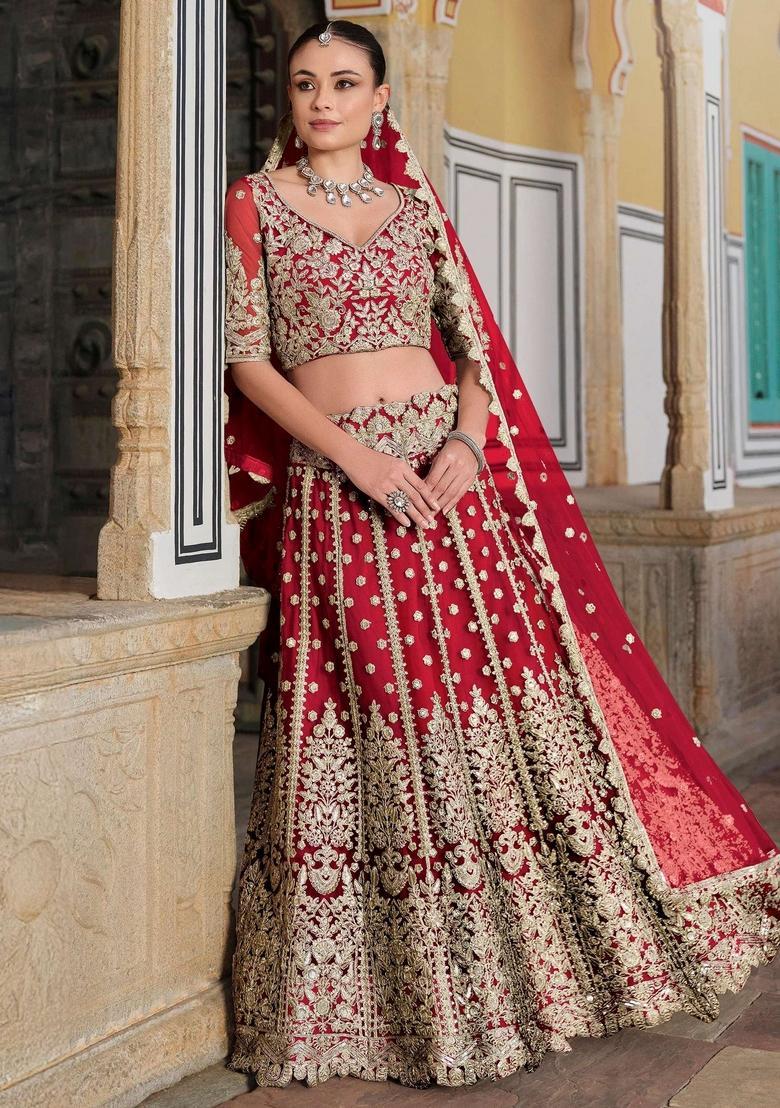 Red Embroidery Net Lehenga Set - Indya
