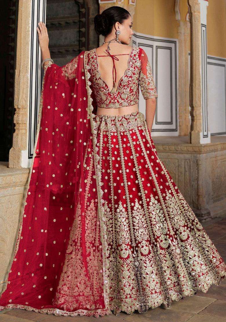 Red Embroidery Net Lehenga Set - Indya