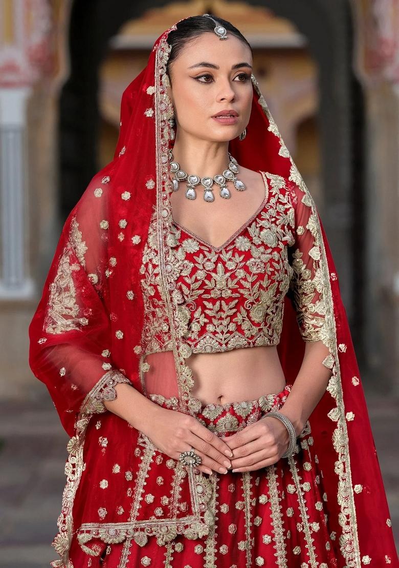 Red Embroidery Net Lehenga Set - Indya