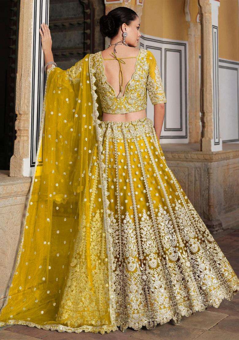 Yellow Embroidery Net Lehenga Set - Indya