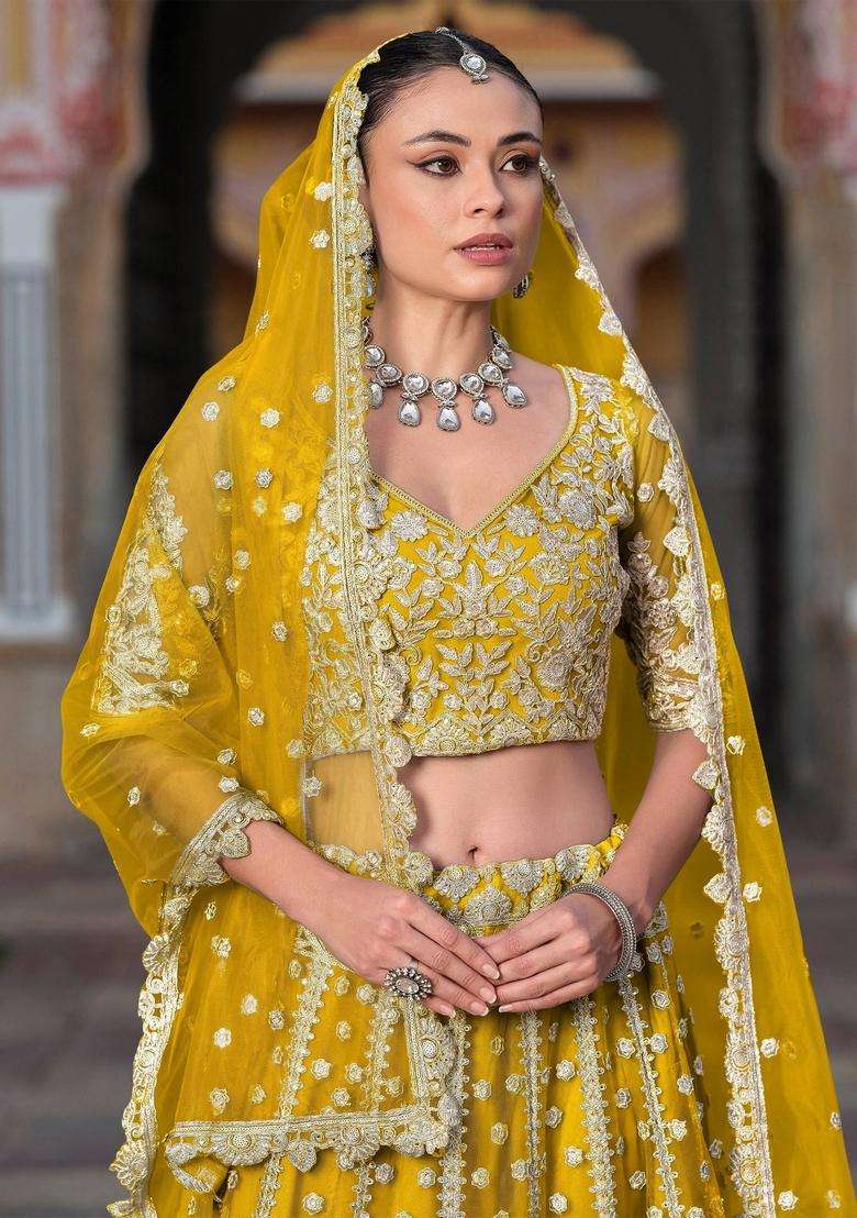 Yellow Embroidery Net Lehenga Set - Indya