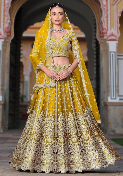 Yellow Embroidery Net Lehenga Set