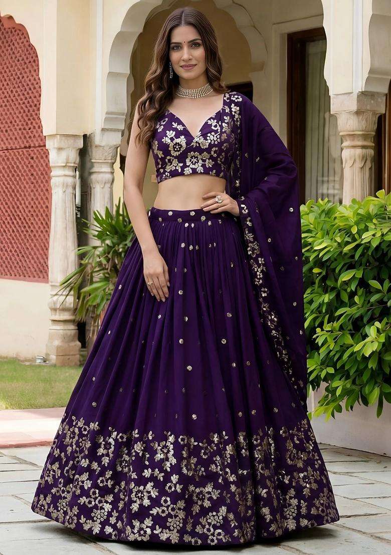 Purple Georgette Lehenga Set with Embroidery for Diwali | Wedding & Festive Wear - Indya