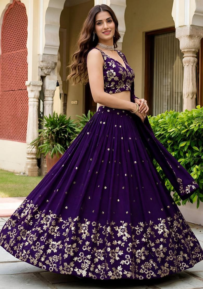 Purple Embroidery Georgette Lehenga Set - Indya