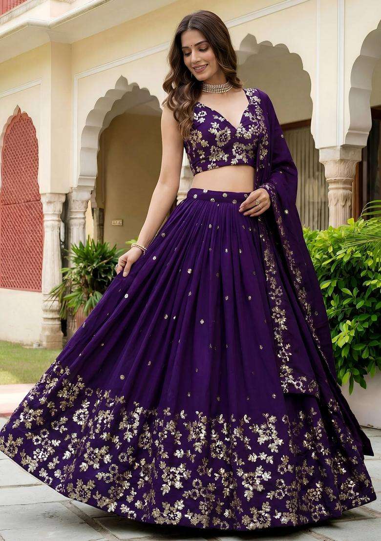 Purple Georgette Lehenga Set with Embroidery for Diwali | Wedding & Festive Wear - Indya