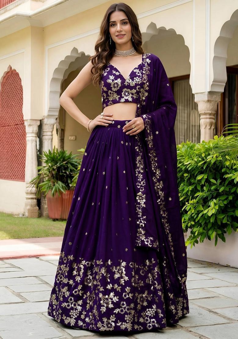 Purple Embroidery Georgette Lehenga Set - Indya