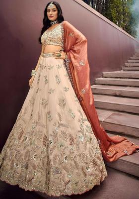 Beige Embroidery Silk Lehenga Set