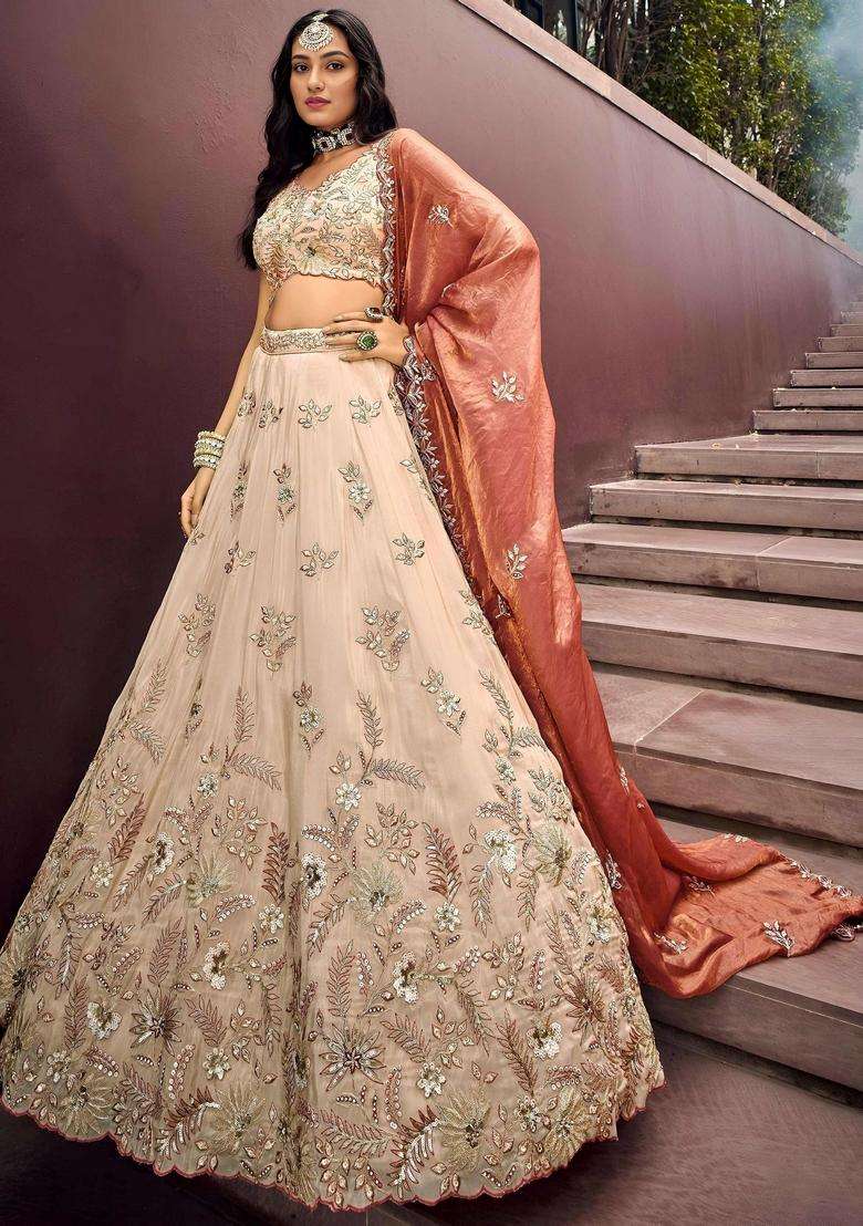 Beige Embroidery Silk Blend Lehenga Set for Diwali and Festive Wear - Indya