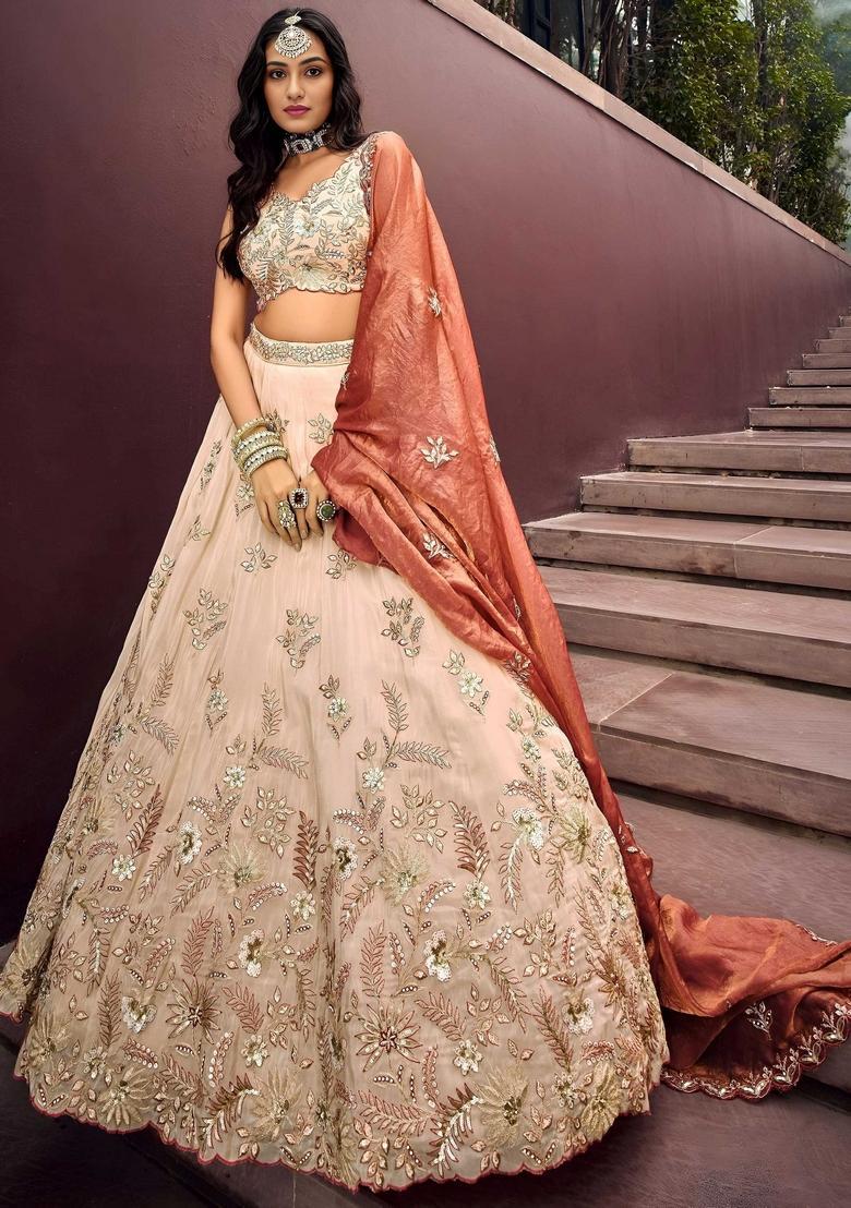 Beige Embroidery Silk Lehenga Set - Indya