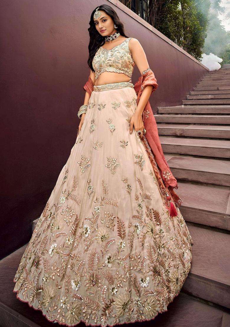 Beige Embroidery Silk Blend Lehenga Set for Diwali and Festive Wear - Indya