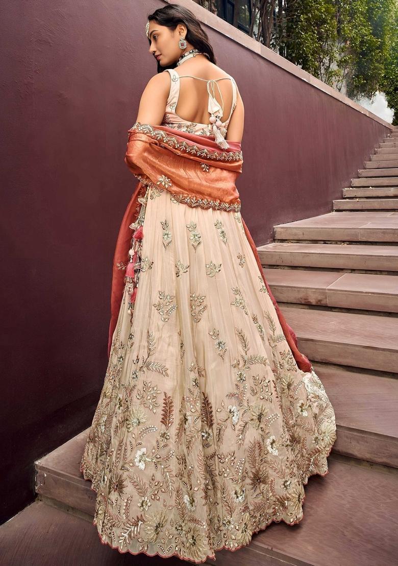 Beige Embroidery Silk Lehenga Set - Indya
