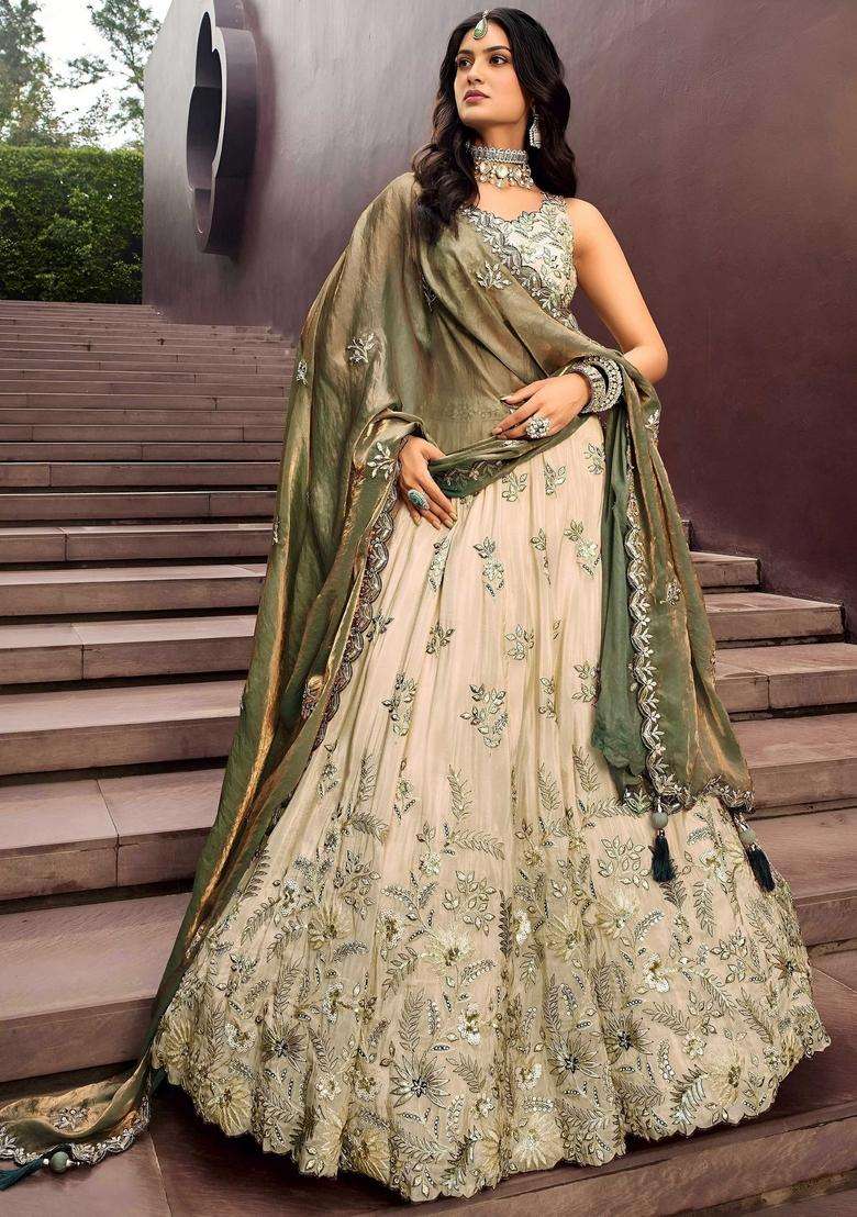 Beige Silk Blend Lehenga Set with Embroidery for Diwali | Wedding & Festive Wear - Indya
