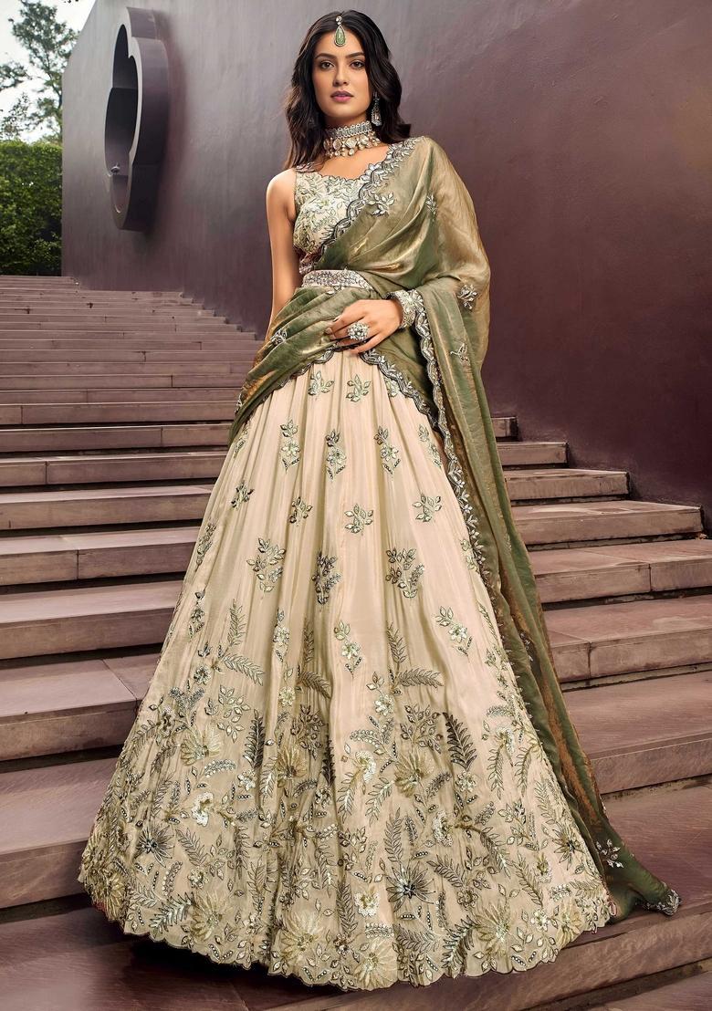 Beige Embroidery Silk Lehenga Set - Indya