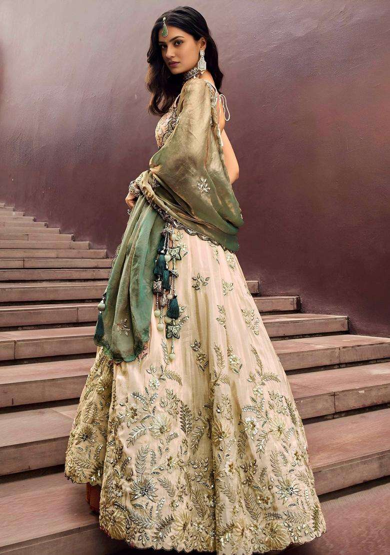 Beige Silk Blend Lehenga Set with Embroidery for Diwali | Wedding & Festive Wear - Indya