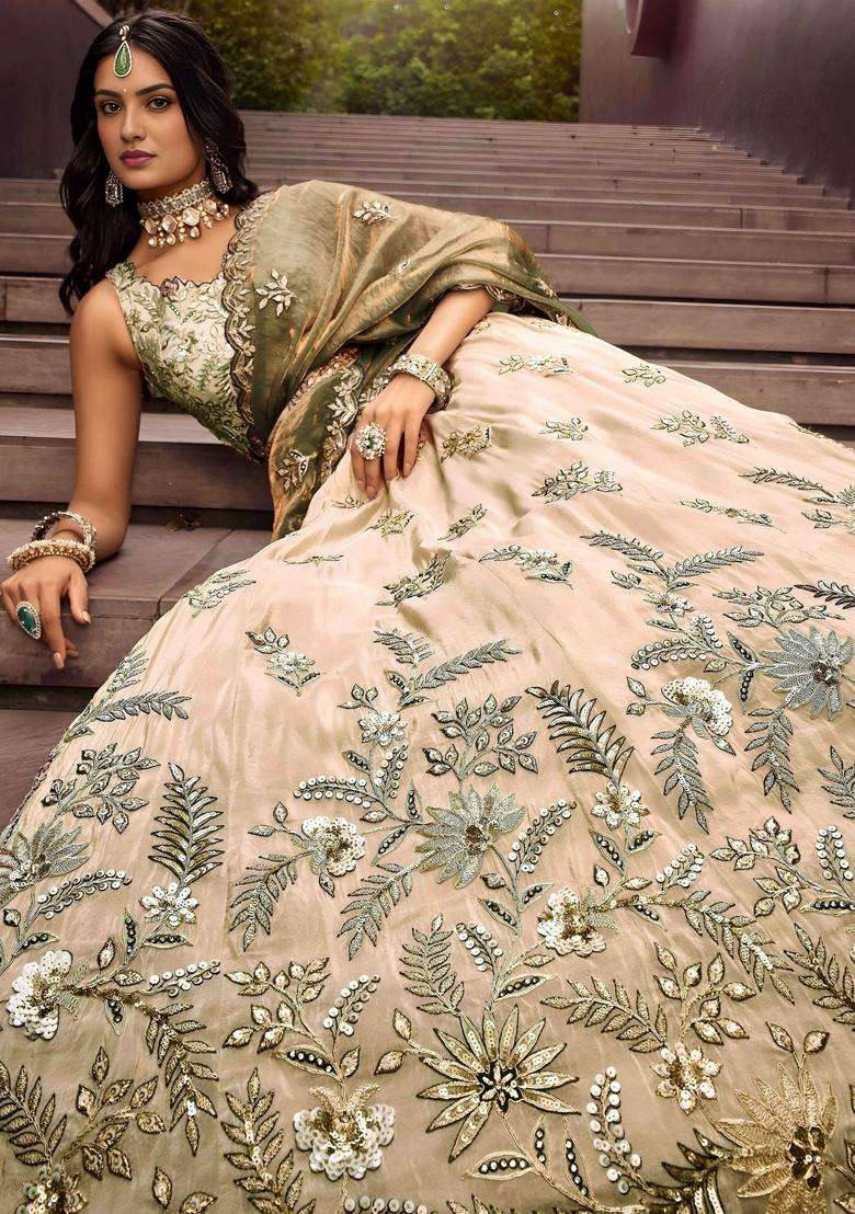 Beige Silk Blend Lehenga Set with Embroidery for Diwali | Wedding & Festive Wear - Indya