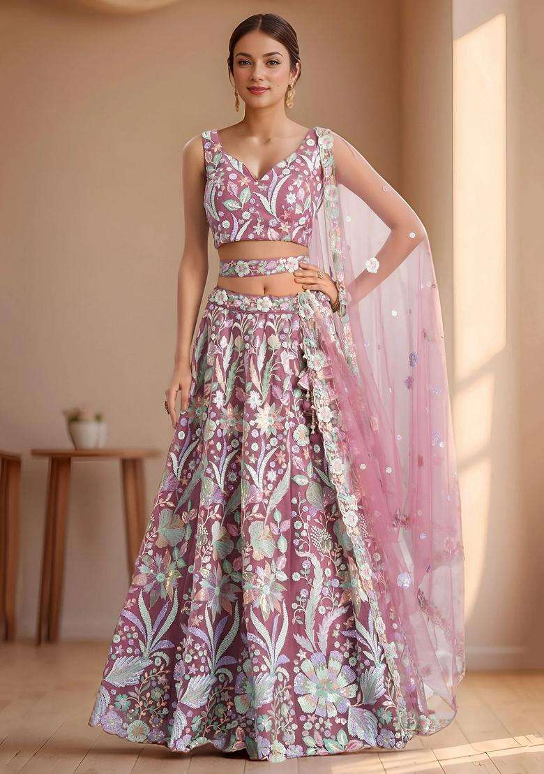 Pink Embroidery Net Lehenga Set - Indya