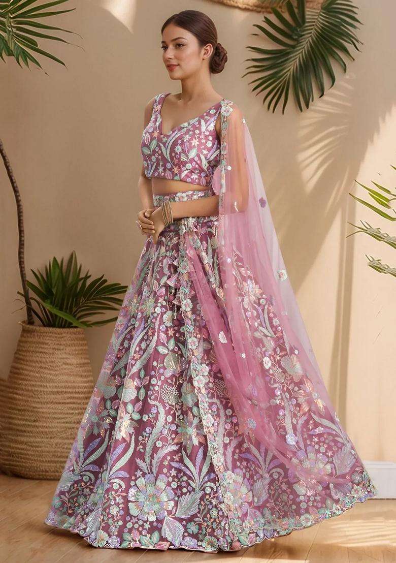 Pink Embroidery Net Lehenga Set - Indya